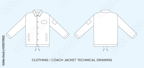 Coach jacket technical drawing template. Fashion streetwear editable vector, line art. Black and white clothing schematics.