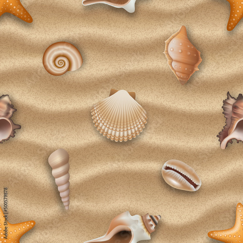 Seamless pattern with shells on sand background. seamless summer texture