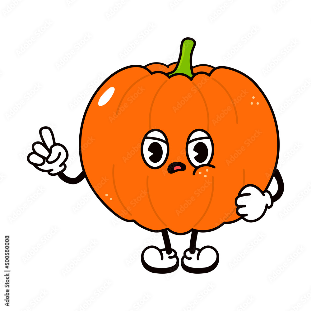 Obraz premium Cute angry sad pumpkin character. Vector hand drawn traditional cartoon vintage, retro, kawaii character illustration icon. Isolated on white background. Angry pumpkin character concept