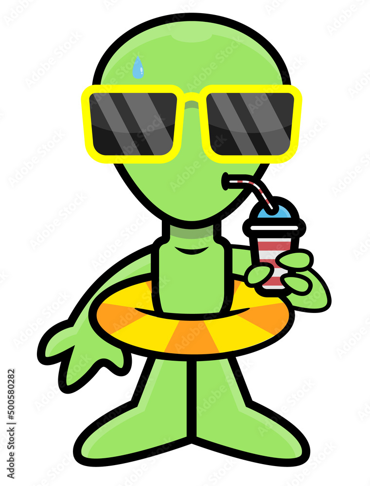 Cartoon illustration of funny Green Alien wearing lifebuoy and drinking an ice drinks, best for mascot, logo, and sticker with extraterrestrial world themes