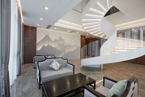 Modern Chinese style office interiors, bright lobby and stairs