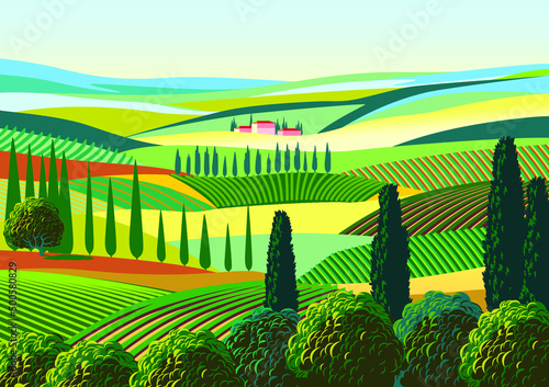 Romantic rural landscape with vineyards, farms, meadows, fields and trees in the background. Handmade drawing vector illustration in the Art Deco style. Flat design. 