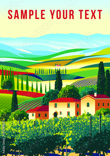 Romantic rural landscape with vineyards, farms, meadows, fields and trees in the background. Handmade drawing vector illustration. Flat design. Vintage Poster.