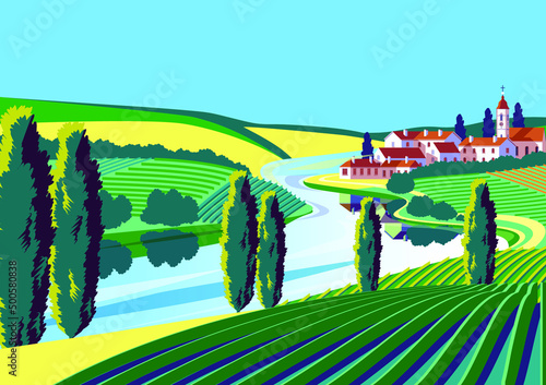 Romantic rural landscape with vineyards, farms, meadows, fields and trees in the background. Handmade drawing vector illustration. Flat design.