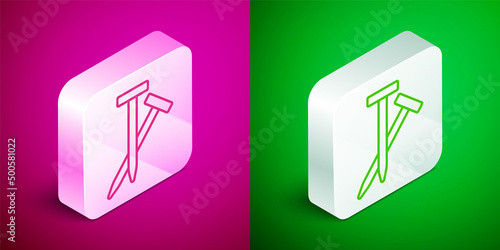 Isometric line Metallic nails icon isolated on pink and green background. Silver square button. Vector
