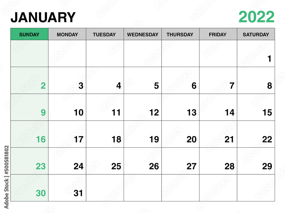 January 2022 year planner template, calendar 2022 template, monthly and yearly planners. organizer diary. week start Sunday, corporate planner template, Desk calendar 2022, green background, vector January 2022 year planner template, calendar 2022 template, monthly and yearly planners. organizer diary. week start Sunday, corporate planner template, Desk calendar 2022, green background, vector