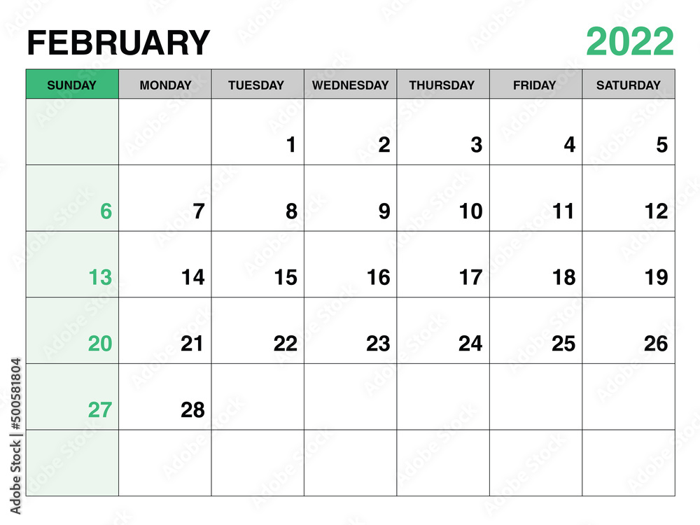 February 2022 year planner template, calendar 2022 template, monthly and yearly planners. organizer diary. week start Sunday, corporate planner template, Desk calendar 2022, green background, vector February 2022 year planner template, calendar 2022 template, monthly and yearly planners. organizer diary. week start Sunday, corporate planner template, Desk calendar 2022, green background, vector