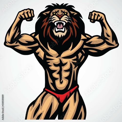 Lion Bodybuilder Muscle  Fitness Gym Sports Mascot Logo Design Premium Vector Template