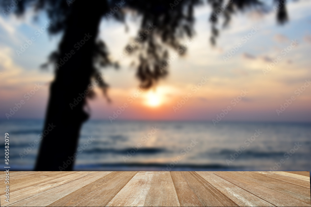 Empty top wooden table on sky sunset twilight times for background