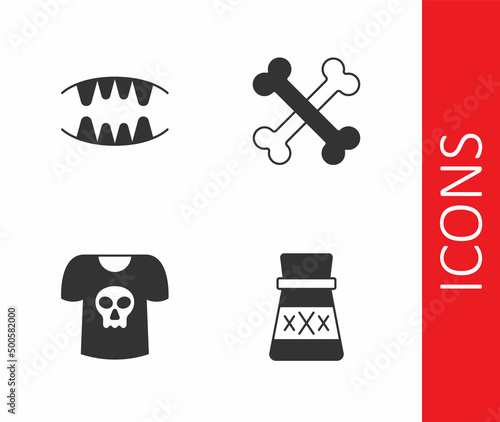 Set Bottle with potion, Vampire teeth, Shirt skull and Crossed bones icon. Vector