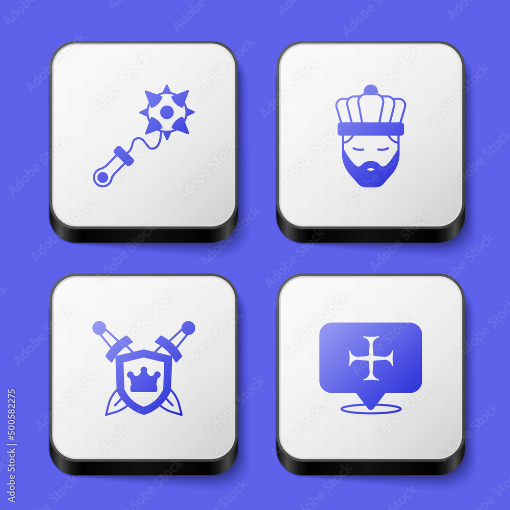 Set Mace with spikes, King crown, Shield swords and Crusade icon. White square button. Vector Set Mace with spikes, King crown, Shield swords and Crusade icon. White square button. Vector