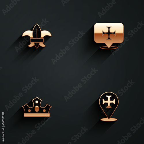 Set Fleur de lys or lily flower, Crusade, King crown and icon with long shadow. Vector