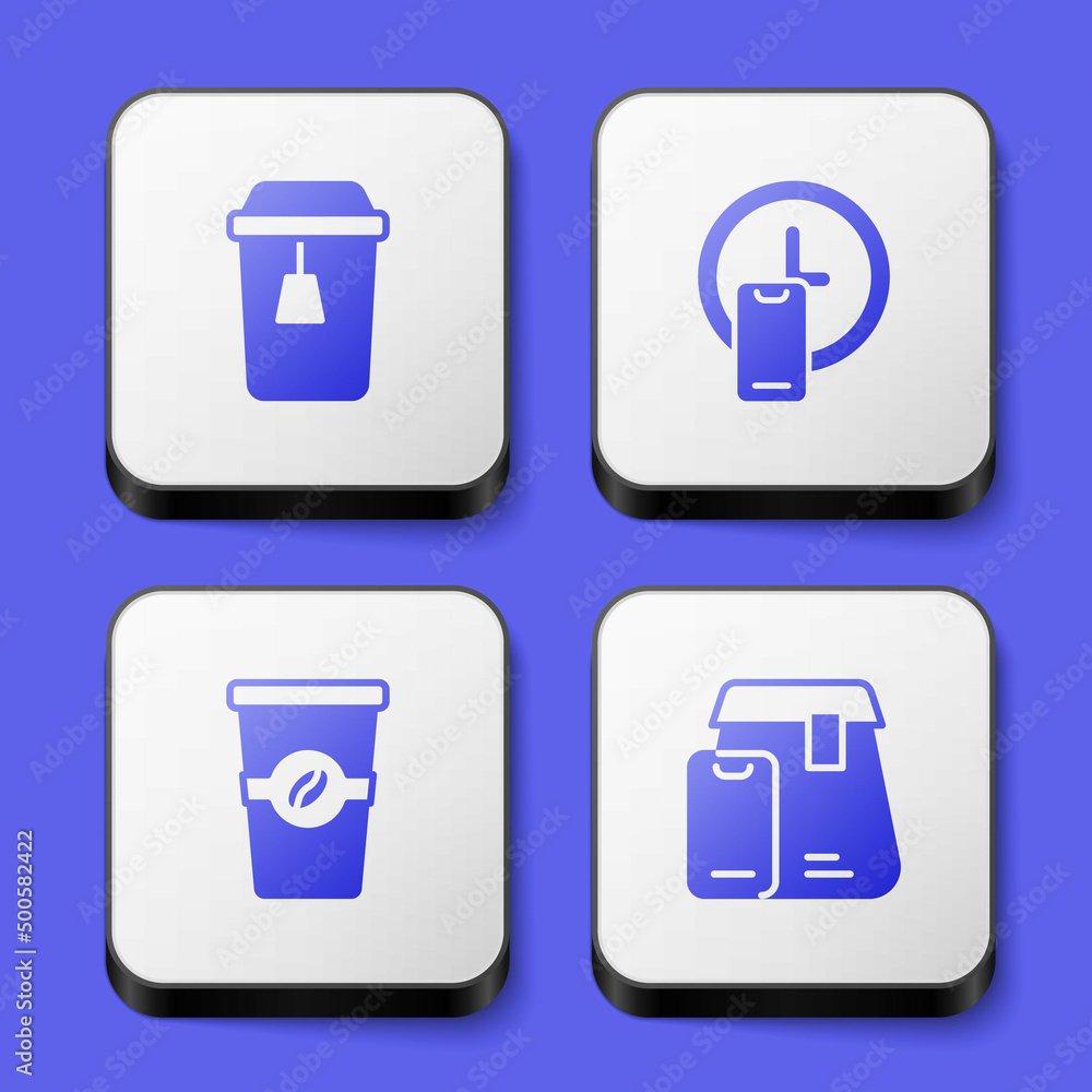 Set Cup of tea, Round the clock delivery, Coffee cup to go and Online ordering food icon. White square button. Vector Set Cup of tea, Round the clock delivery, Coffee cup to go and Online ordering food icon. White square button. Vector