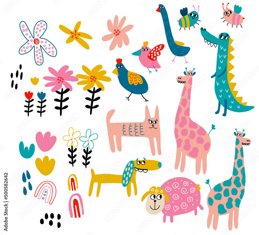 Naklejka premium Funny and cute elements for patterns, stationery, planners, greeting cards, and posters. Vector animal set with floral elements.