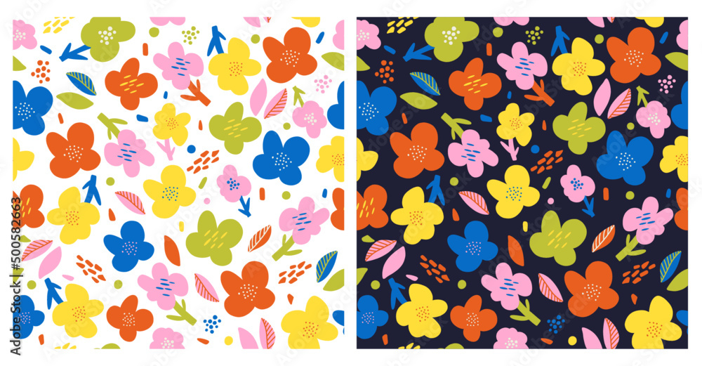 Colorful minimalistic floral seamless vector pattern with leaves and shapes. 