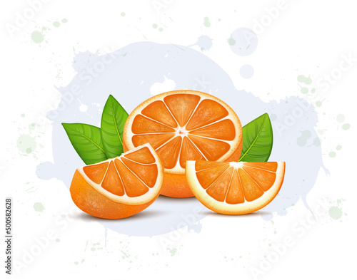 Half piece of Orange fruit vector illustration with orange slices and green leaves