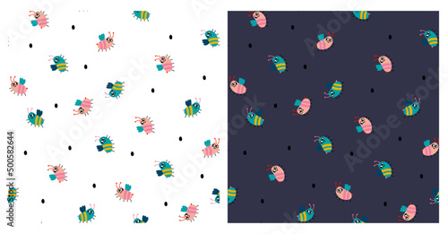 Fototapeta Naklejka Na Ścianę i Meble -  Seamless vector cute colorful pattern with bugs. Kids drawing with naive characters on white and blue background.