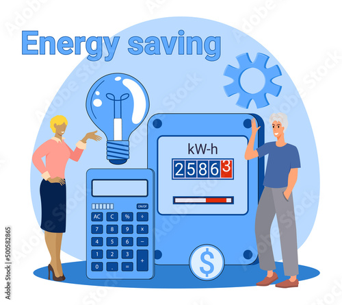 Energy saving.People on the background of an electric meter and a calculator are counting utility bills.vector illustration.