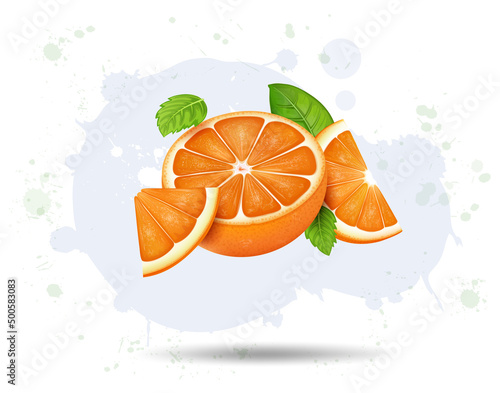 Half Piece of Orange Fruit and Orange Slices in the air vector illustration 
