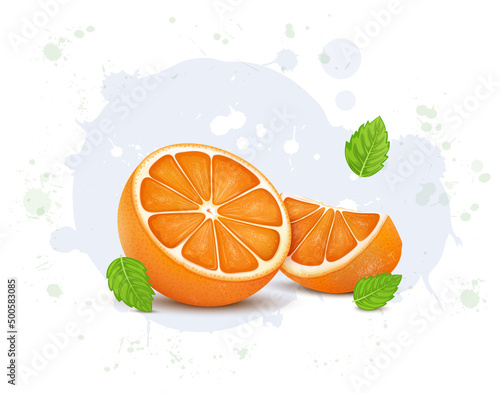 Half Piece of Orange fruit vector illustration with Orange slice and Green min Leaves