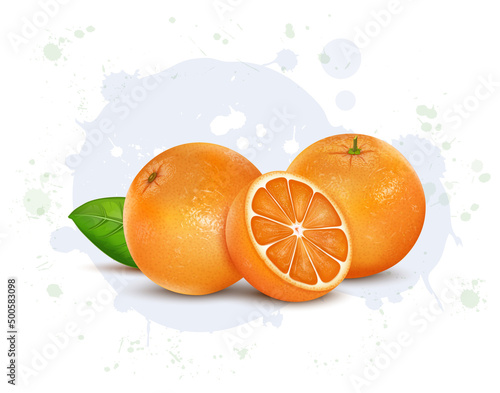 Set of Two Orange Fruit vector illustration with half piece of Orange Fruit with green leaves