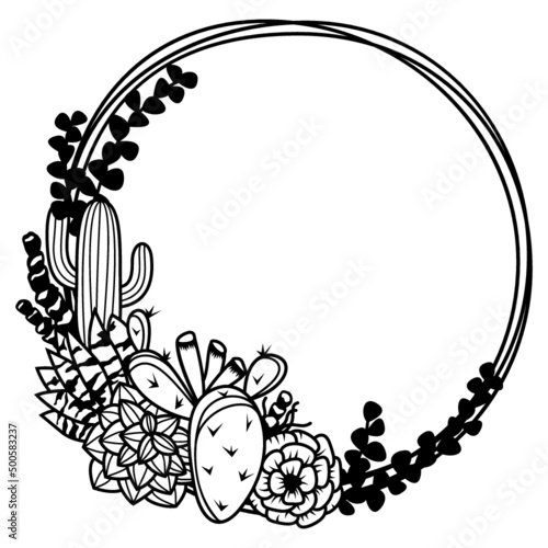 Cactus wreath laser cut file, Circle floral frame, Succulent round border, Gardening monogram, Plant, Leaves