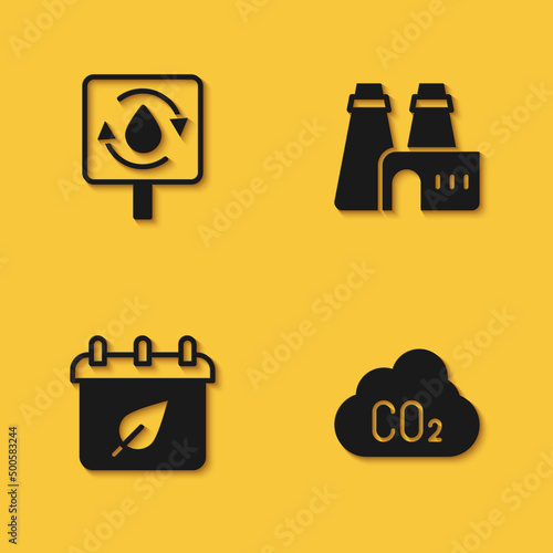 Set Recycle clean aqua, CO2 emissions in cloud, Calendar with autumn leaves and Factory production icon with long shadow. Vector
