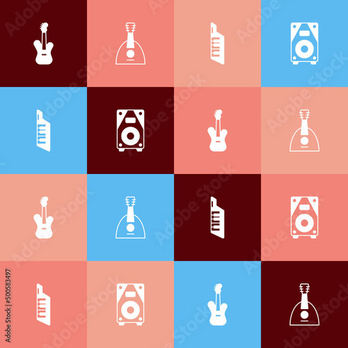Set pop art Electric bass guitar, Balalaika, Keytar and Stereo speaker icon. Vector