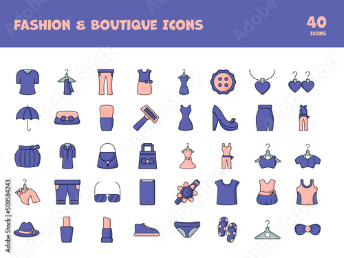 Blue And Pink Color Set Of Fashion & Boutique Icon In Flat Style.
