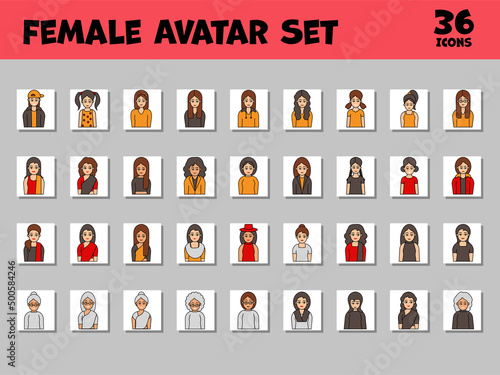 Female Avatar Icon Set On Grey and White Square Background.