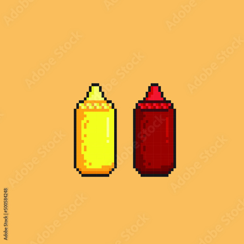 sauce and mayonnaise bottle in pixel art style