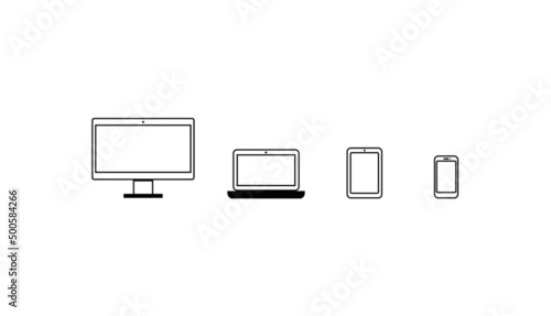 Set mobile devices outline icons isolated on a white background: laptop, pad, smartphone, computer. Home office, online education or communication concept illustration. 
