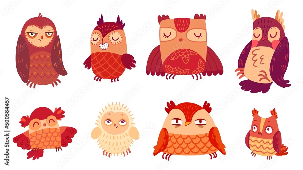 Obraz premium Cute cartoon owl and owlet. Wisdom birds funny characters. Autumn animals. Childish baby owls vector set