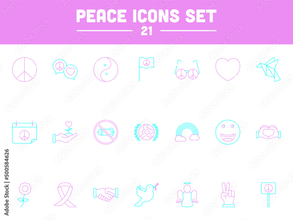 Turquoise And Pink Peace 21 Line Art Icon Set. Turquoise And Pink Peace 21 Line Art Icon Set.