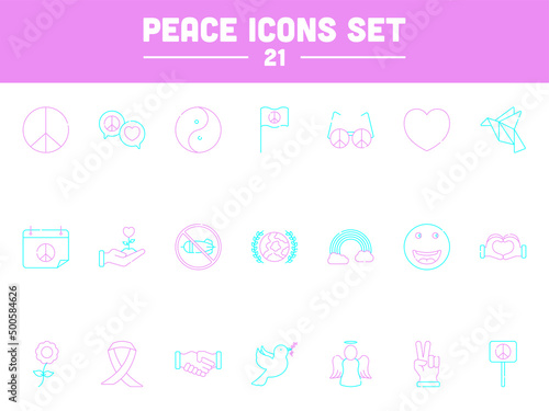 Turquoise And Pink Peace 21 Line Art Icon Set.