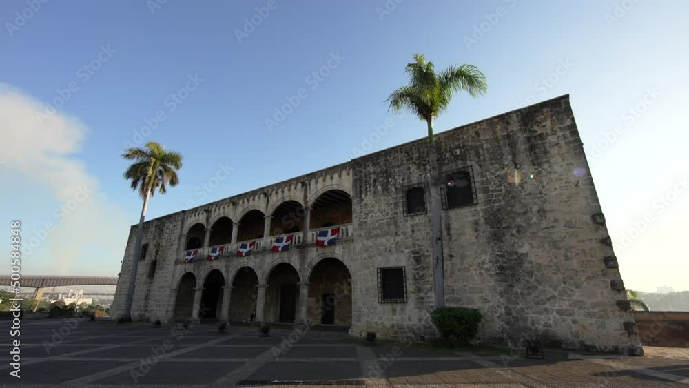 Slow motion Alcazar de Colon early morning. Plaza de la Hispanidad or Spain at sunrise with no people. Colonial zone of Santo Domingo, Dominican Republic. Slow motion Alcazar de Colon early morning. Plaza de la Hispanidad or Spain at sunrise with no people. Colonial zone of Santo Domingo, Dominican Republic.