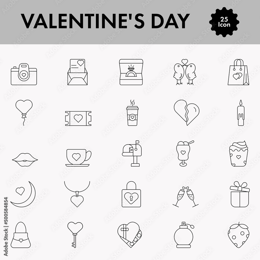 Set Of Black Outline Valentine's Day Icon Or Symbol.