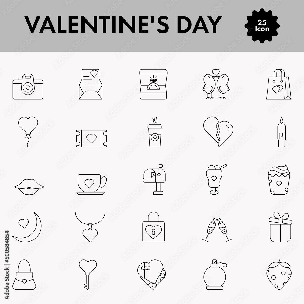 Set Of Black Outline Valentine's Day Icon Or Symbol. Set Of Black Outline Valentine's Day Icon Or Symbol.