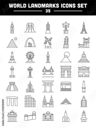 Black Line Art Set Of World Landmarks Icon In Flat Style.