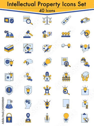 Set Of 40 Intellectual Flat Icon In Yellow And Blue Color.