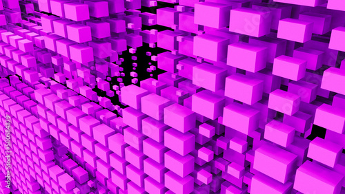 Fototapeta Naklejka Na Ścianę i Meble -  A purple wall of many cubes. Abstract background with flying purple cubes on a black background. 3D illustration. 3D rendering. 3D image.
