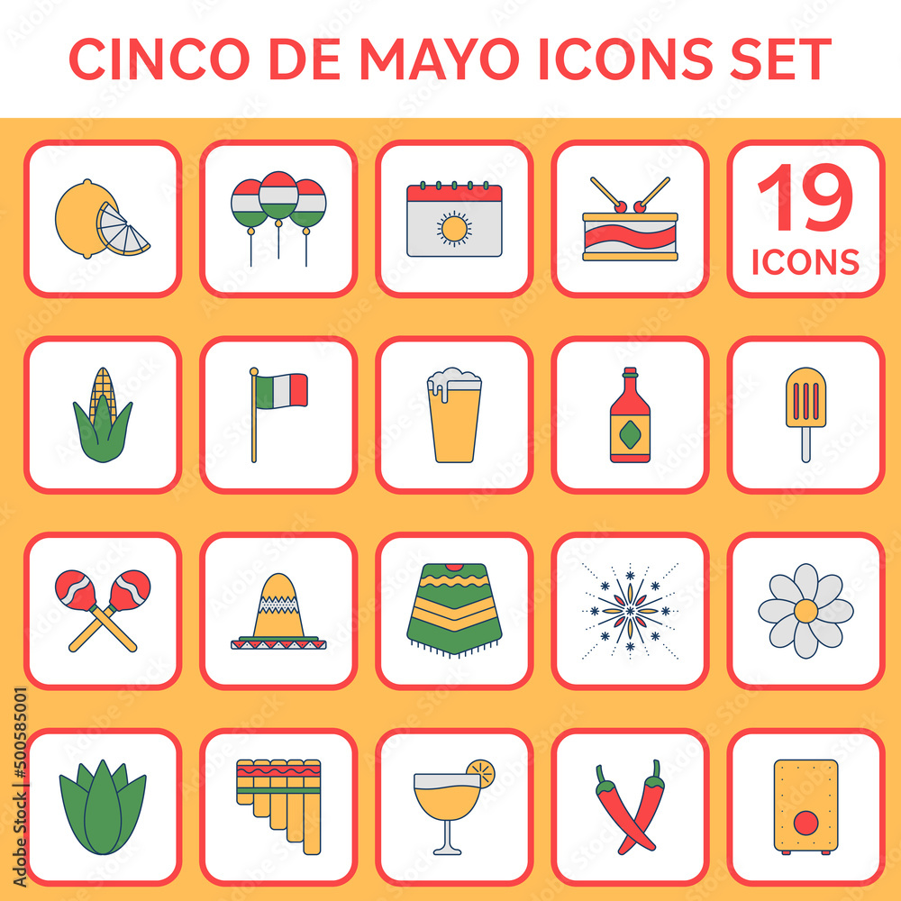 Flat Style Cinco De Mayo Icon Set On Orange And White Square Background. Flat Style Cinco De Mayo Icon Set On Orange And White Square Background.