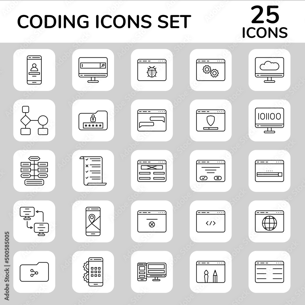 Black Line Art Set Of Coding Icons Or Symbol.