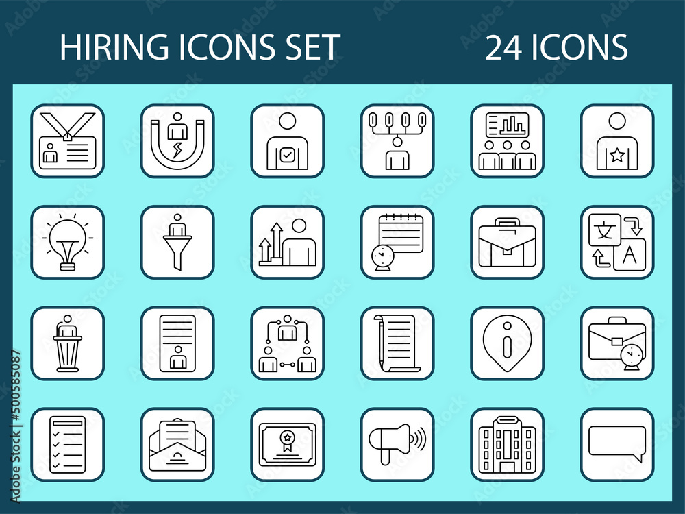 Thin Line Art Hiring Icon Set On Square White And Turquoise Background.