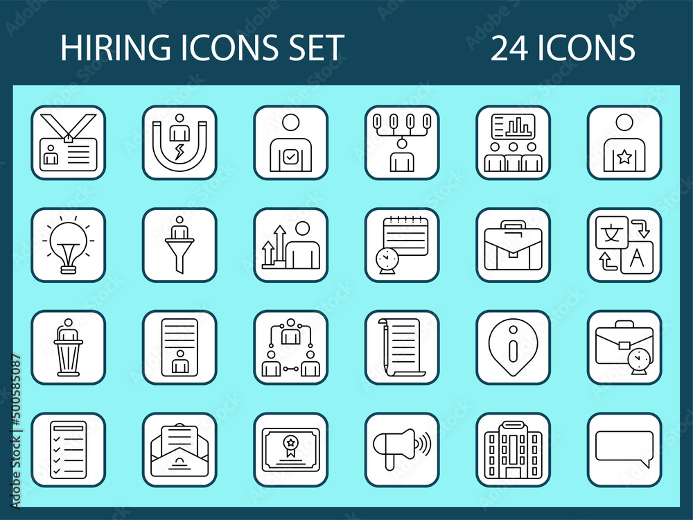Thin Line Art Hiring Icon Set On Square White And Turquoise Background. Thin Line Art Hiring Icon Set On Square White And Turquoise Background.