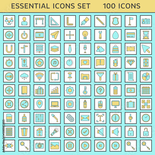 Turquoise And Yellow Color Set Of 100 Essential Icons In Flat Style. © Abdul Qaiyoom