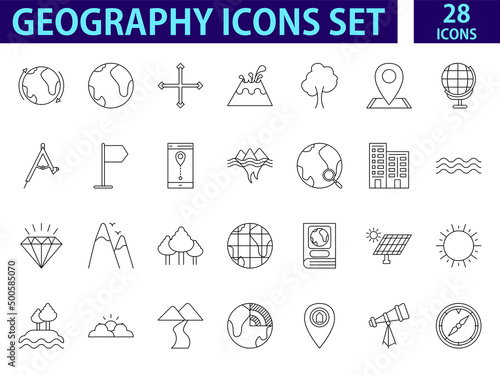 Black Line Art Set Of Geography Icon In Flat Style.