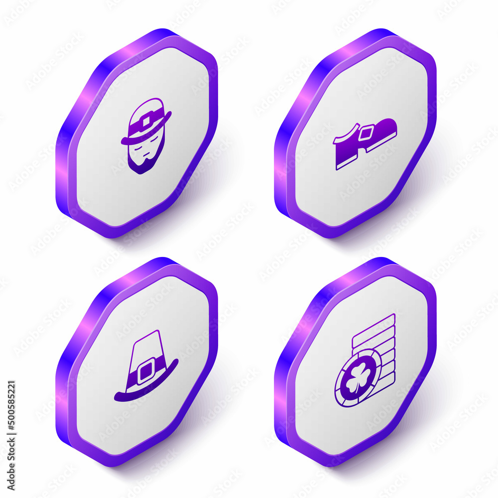 Set Isometric Leprechaun, boot, hat and Golden leprechaun coin icon. Purple hexagon button. Vector Set Isometric Leprechaun, boot, hat and Golden leprechaun coin icon. Purple hexagon button. Vector