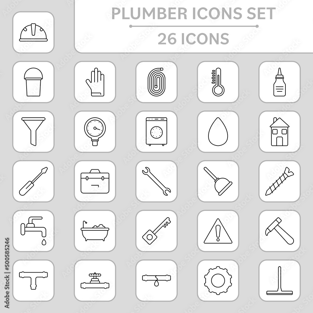 Black Linear Style Plumber Icons On White And Grey Square Background. Black Linear Style Plumber Icons On White And Grey Square Background.