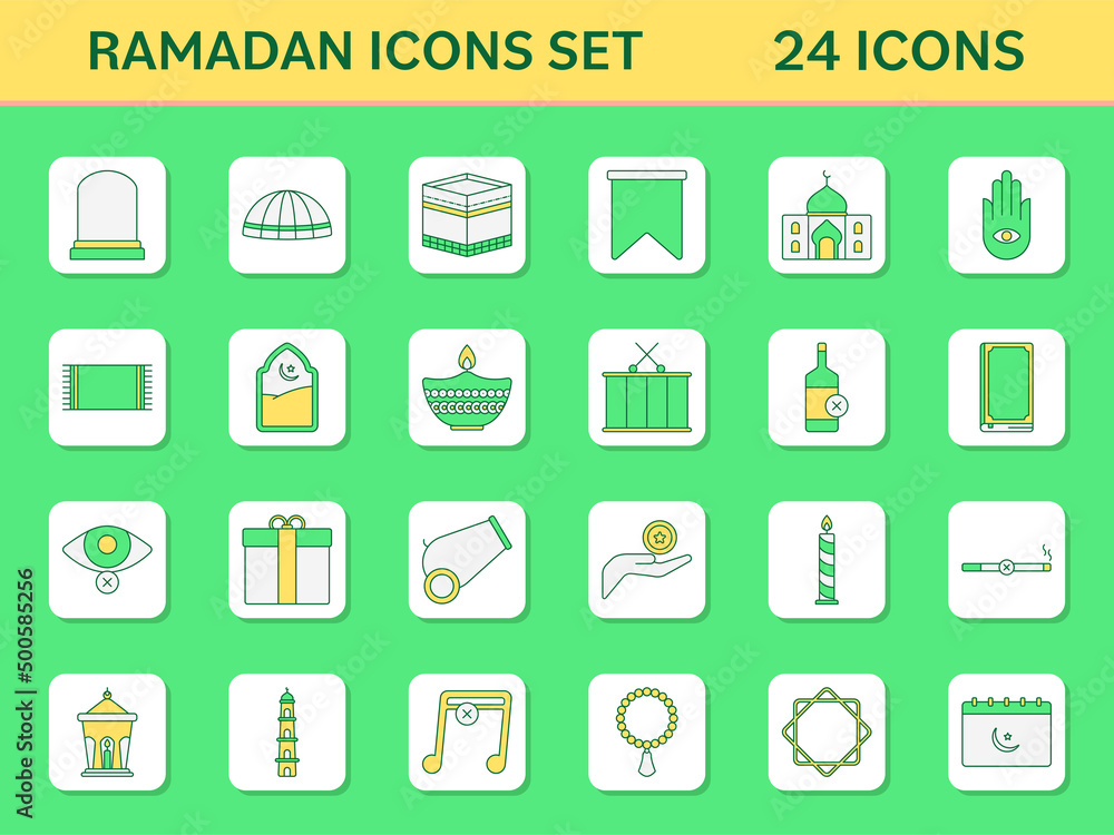 24 Ramadan Icon Set On Green And White Square Background.